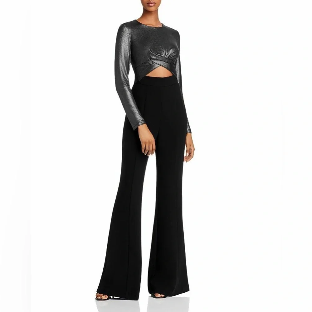 Black Halo Angie Flared Leg Jumpsuit Cutout Metallic Silver Bodice Romper 12 - Picture 14 of 17